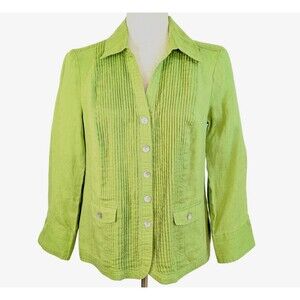 Sara Isabella 100% Linen Women's SM Lime Green Pintucked Shirt Blouse